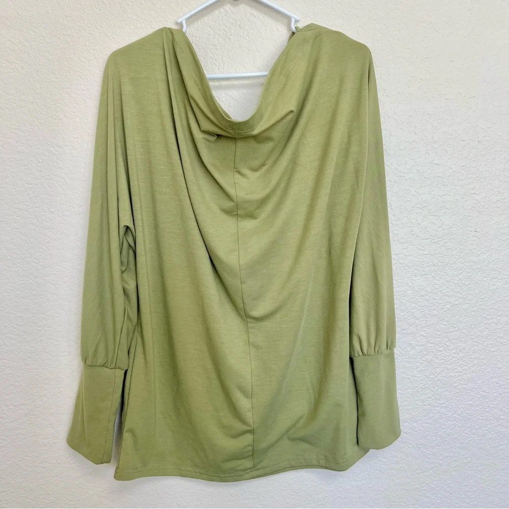 Olive Green Cowl Drape Neck Top Long Sleeve Stretchy Women’s Size XL - Picture 3 of 4